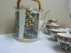 【急須　湯飲茶碗　茶入 色絵紋　3種茶器セット　中国 ◆茶道具　古玩　家庭用雑器