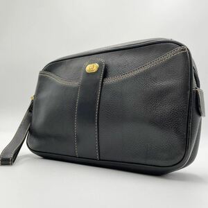 1円 Dunhill【美品】セカンドバッグ ハンドバッグ 黒 ブラック 革 レザー シボ革 ゴールド金具 ダンヒル ビジネス メンズ ストラップ ロゴ