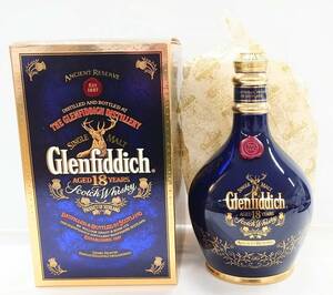 R358-W13-1128 Glenfiddich グレンフィディック エンシェントリザーブ ウイスキー 18年 700ml 43％ 陶器 青 ボトル 箱付き 未開栓④