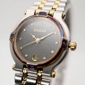 1円スタート！GUCCI グッチ 9000 11Pダイヤ デイト ラウンド シルバー×ゴールド 腕時計 動作未確認 38