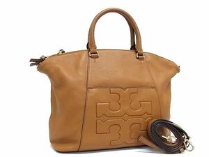 1円 ■新品同様■ TORY BURCH トリーバーチ ボンベ ティー レザー 2WAY クロスボディ ハンドバッグ ショルダー ブラウン系 AZ2891