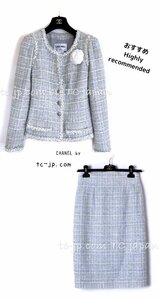 シャネル スーツ CHANEL ライト グレー ミント コットン ウール ツイード ジャケット スカート セット 定番 人気 超美品 34 36
