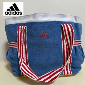 ST■ 未使用 adidas アディダス トートバッグ パイル生地 青 ブルー ハンドバッグ ショルダー 鞄 軽量 大容量 タオル生地 カバン バッグ 