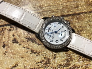 外観良品 Folli Follie フォリフォリ ストーンベゼル クロノグラフ デイト 青針 ホワイト 白 純正革ベルト クオーツ レディース 腕時計