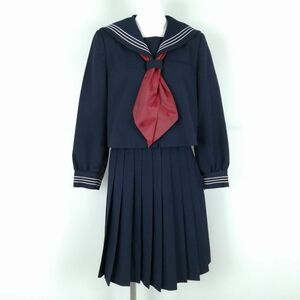 1円 セーラー服 スカート スカーフ 上下3点セット 冬物 白3本線 女子 学生服 中学 高校 紺 制服 中古 ランクC NA4756