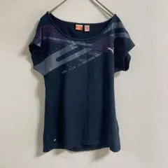 【プーマ】Tシャツ　スポーツ　ランニング　ネイビー　ドライ　S ロゴ　紫