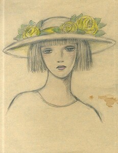 内藤ルネ画額「花飾り帽子の女性」　鉛筆　色鉛筆　ペン　紙　裏面にも絵あり　25.5×20　F:44×36.5　Rune Naito
