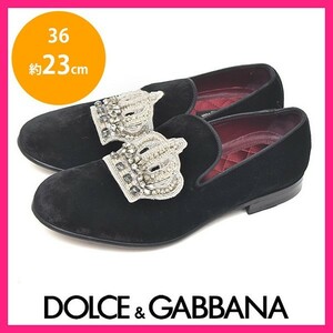 美品 ドルチェ＆ガッバーナ DOLCE&GABBANA クラウン 王冠 ベロア オペラシューズ フラットシューズ ブラック 黒 36(約23cm) sh23-0914