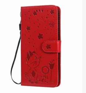 iPhone 78 SE (第2世代/第3世代) SE2 SE3 ケ ース スマホ手帳型 カードケースレッドCAT 猫ちゃん蝶花アイフォン 赤猫