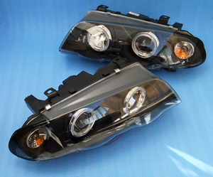 BMW E46 3シリーズ ヘッドライト 左右 プロジェクター イカリング 4灯 インナー ブラック 社外SONAR カスタム(CCFL LED Mテク M3 アルピナ)