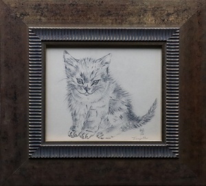 【宙】模写 藤田嗣治 猫図 肉筆画 SM号 サイン有 タトウ箱 額装 芸術院会員 エコール・ド・パリ代表的画家 C4JI28.hl.D