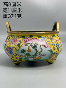 【蔵友館蔵品・銅製・金鍍・景泰藍・琺瑯彩・雙耳・花卉紋・三足熏香炉】・希少珍品・置物・賞物・中国時代美術