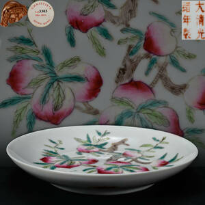br10537 花卉文色絵小皿 大清光緒年製 在銘 陶磁器 置物 唐物 幅13.2cm 高2.2cm