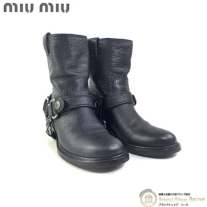ミュウミュウ （MIUMIU） レザー エンジニア バイカー ショートブーツ 靴 #38 1/2 ブラック（中古）