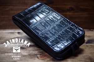 iPhone14ケース(14pro用の製作も可) 手縫い クロコダイル ブラック