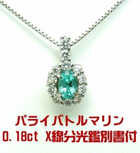 X線分光鑑別書付 パライバトルマリン0.18ct ダイヤ取巻プラチナペンダントネックレス 動画あり 送料込み