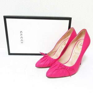 美品 GUCCI グッチ N7 BRIGHT FUXIA レザー ポインテッドトゥ リボン ギャザーパンプス 551759 サイズ36 1/2 約23.5cm ピンク