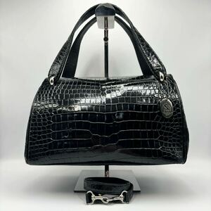240426- クロコダイルレザー 2way ハンドバッグ ショルダーバッグ 黒 ブラック 本ワニ革 レディース 鞄