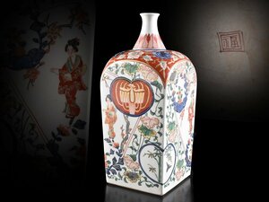 【雲】某名家買取品 九谷 庄三 色絵金彩花唐草人物紋四方角花瓶 飾壺 高さ28.2cm 古美術品(旧家蔵出)Y481 LTmnbh