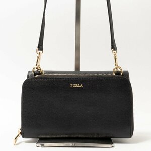 【1円スタート】FURLA フルラ リーヴァ お財布ポシェット ショルダーバッグ クロスボディー ポーチ 長財布 ブラック レザー レディース