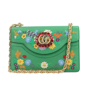 グッチ フローラル キャット ショルダーバッグ コットンリネン 499617 213317 グリーン レディース GUCCI 中古 美品