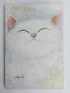 油絵　「幸せ猫」　和紙を貼ったパネルに油彩　サムホール　額装無し