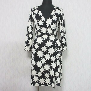 美品 DIANE von FURSTENBERG ダイアンフォンファステンバーグ 総柄 シルク100％ ラップ ワンピース 404-240912 0 ホワイト ブラック ◆