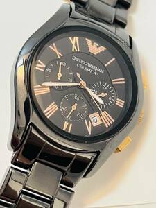 動作未確認　EMPORIO ARMANI エンポリオアルマーニ クォーツ腕時計 AR-1410 メンズ 時計 ブラック クロノグラフ ベルト切
