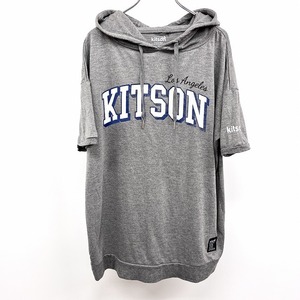 Kitson - LL XL レディース 薄手 プルオーバー パーカー Tシャツ生地 半袖 ポリ×レーヨン ヘザーグレー×ネイビー×ホワイト 杢グレー