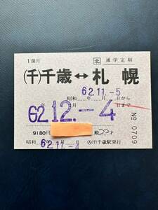 ☆使用済★千歳線　千歳〜札幌　定期券☆JR北海道　通学定期　昭和62年12月4日まで　レトロ ビィンテージ アンティーク