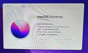 中古 Apple Mac mini (Late2014) CPU: I5-2.6Ghz 16GB SSD512GB MacOS Monterey 12.7.5