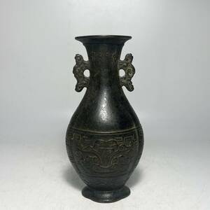 中国美術　古銅　銅製　双耳瓶　花瓶　饕餮紋　１３.５cm