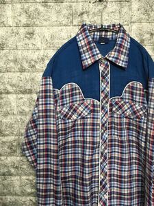 長袖シャツ チェック ヘビー PULSE アメリカ古着 US製 アメリカ製 70s ウエスタンシャツ レトロ ビンテージ Lサイズ アメカジ ブルー
