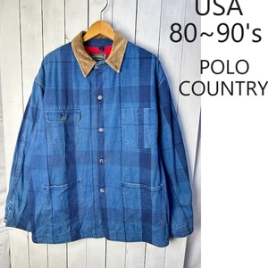 USA古着 80s～90s USA製 POLO COUNTRY インディゴチェック ライナー付デニムカバーオール M RRL ポロカントリー ヴィンテージ L～XL●146