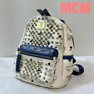 II0022★10 高級 MCM エムシーエム 総柄 ロゴ 金具 レザー スタッズ ラインストーン ミニ リュックサック ボディーバッグ 鞄 白