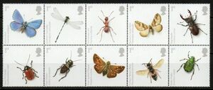 切手 J215 イギリス 昆虫 トンボ アリ クワガタムシ コオロギ ハチほか 10V完(連刷) 2008年発行 未使用