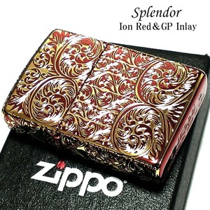 ZIPPO ライター スプレンダー イオンレッド ジッポ アラベスク模様 5面加工 金タンク 彫刻 ゴールド鍍金差し 赤 かっこいい おしゃれ