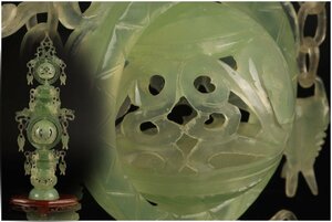 [URA]中国古玩/玉石製細密彫刻天球飾付置物/39.5cm・889g/5-4-87 (検索)骨董/置物/メノウ/瑪瑙/香合/蓋盆/翡翠/天然石