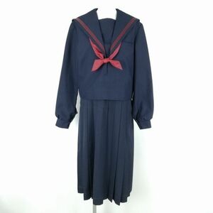 1円 セーラー服 ジャンパースカート スカーフ 上下3点セット 大きいサイズ 冬物 赤3本線 女子 学生服 福岡鞍手高校 紺 中古 ランクC NA4242