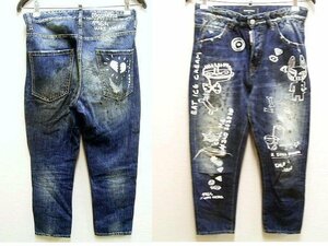 ●即決[42]DSQUARED2 15SS DAN ELASTIC WAIST JEAN グラフィティ ペイント 落書き スリム アンクルカット S71LA0901 デニム パンツ■1554