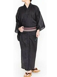 浴衣 男性用 本麻100％ ちぢみ浴衣 黒地 M/Lサイズ ゆかた単品 新品（株）安田屋 NO24911