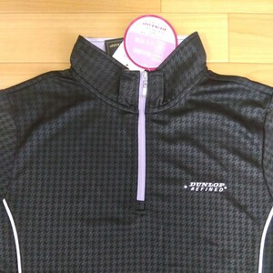 L DUNLOP ダンロップ 新品 レディース 半袖ポロシャツ ゴルフウェア 襟付きシャツ 黒地模様 ハーフジップ スポーツ 吸水速乾　UV対策 golf