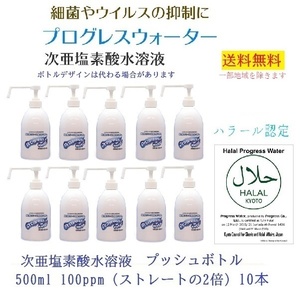 次亜塩素酸水溶液 プログレスウォーター プッシュボトル 10本セット 2倍タイプ 100ppm 500ml