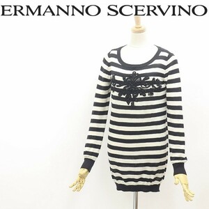 ◆ERMANNO SCERVINO エルマノシェルビーノ 刺繍×ビーズ装飾 ボーダー柄 ニット トップス カットソー ブラック×ホワイト 40