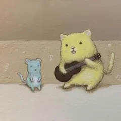 自作絵画　ギター弾きの猫とネズミ