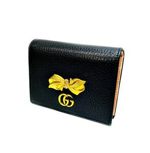 【即決】★GUCCI グッチ GGマーモント ボウ リボン コンパクトウォレット 二つ折り財布 レザー ブラック ピンク 524289