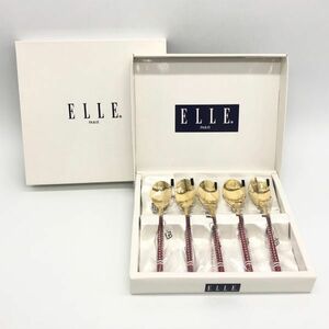 【24220】ELLE PARIS カフェスプーン 5本セット ブラウンドット スプーン エル 箱付 カトラリー 経年保管品 未使用品 クリックポスト