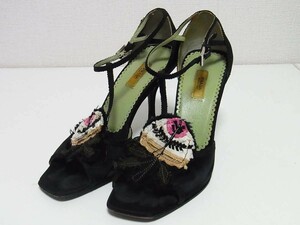 高級 PRADA プラダ ビジュー装飾 サテン アンクルストラップ ヒールサンダル 黒 サイズ34.5