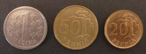 フィンランド　(Finland, Suomi) 　旧貨幣　１マルカ、５０ペンニ、20ペンニ　硬貨　各1枚　送料無料