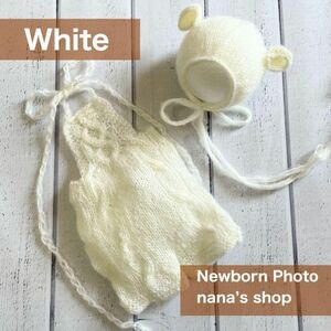 白♪くま耳帽子と編み模様のオーバーオール　ニューボーンフォト撮影衣装